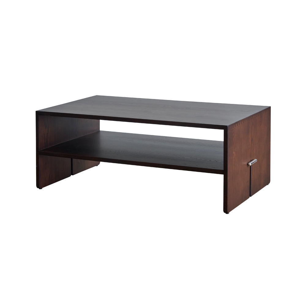 A brown wooden coffee table with a flat top and a lower shelf, designed with angular edges and a visible handle on the side.