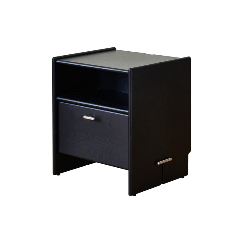 A black wooden nightstand with a drawer and open shelf design, with a  handle.