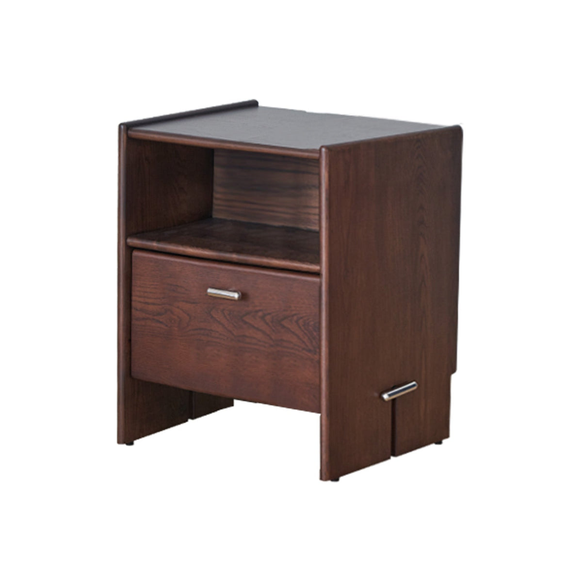 A brown wooden nightstand with a drawer and open shelf design, with a dark brown handle.