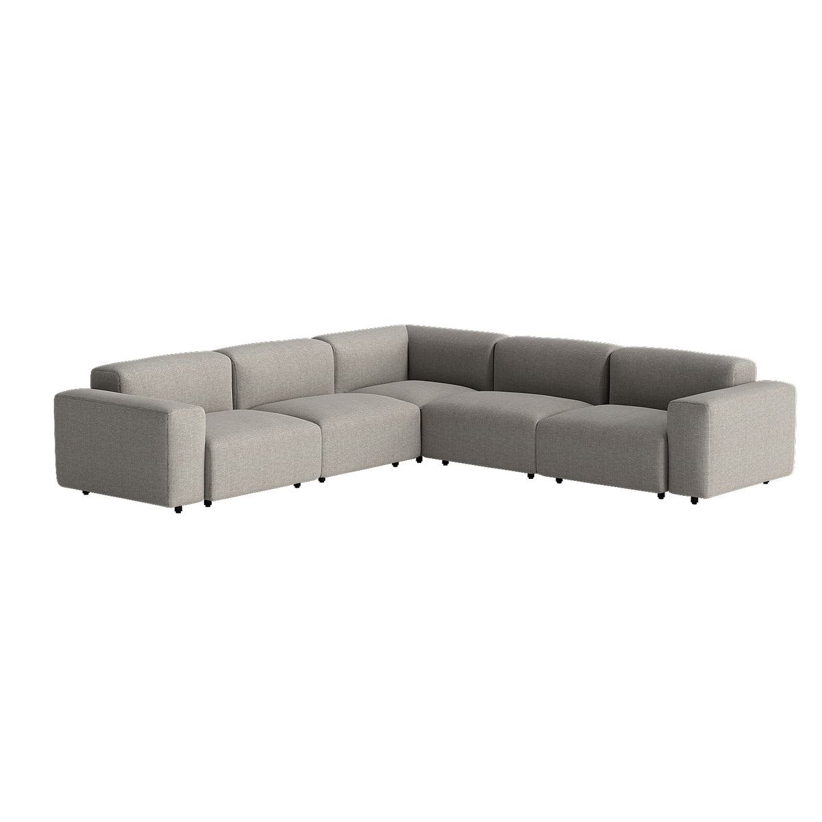 A gray modular L-shape corner sofa with a smooth, soft texture and minimalist design, featuring a sectional configuration and armrests on the sides.