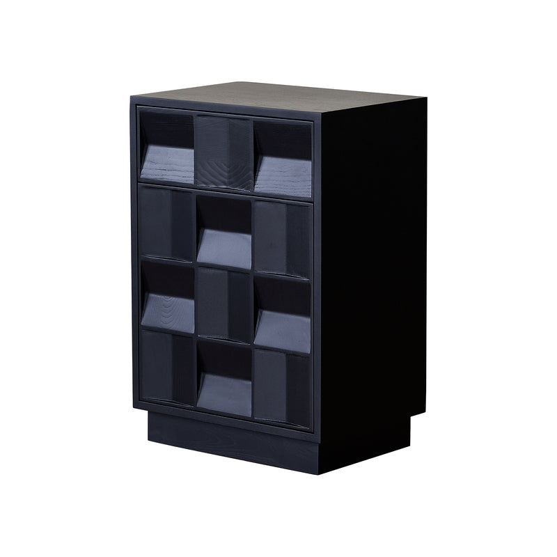 A black Cabinet with a geometric pattern on the front, designed by grado.