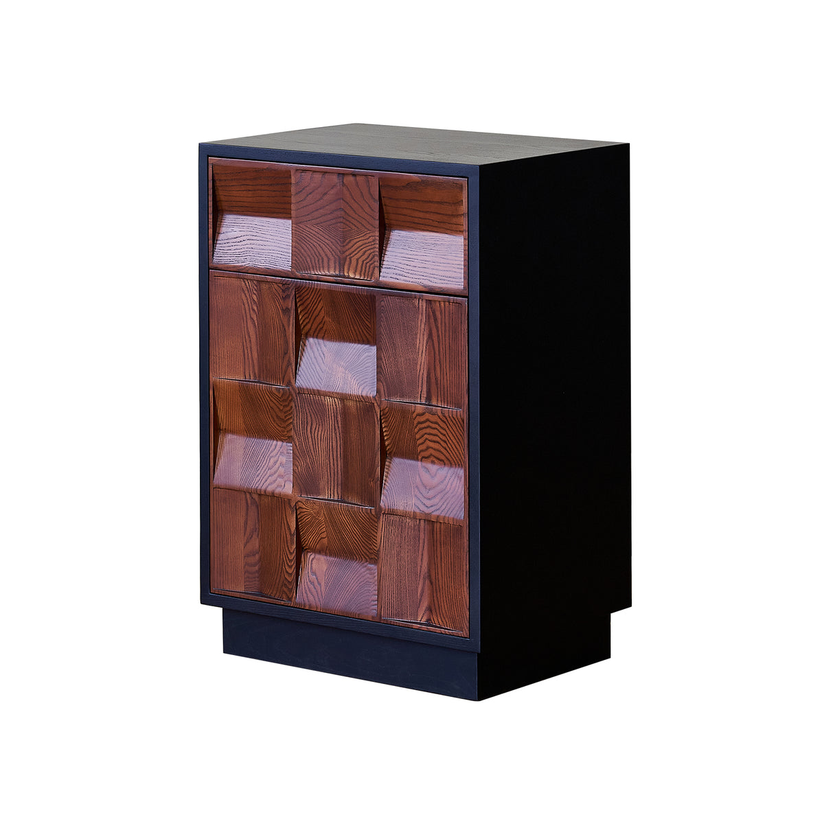A brown and black Cabinet with a geometric pattern on the front, designed by grado.