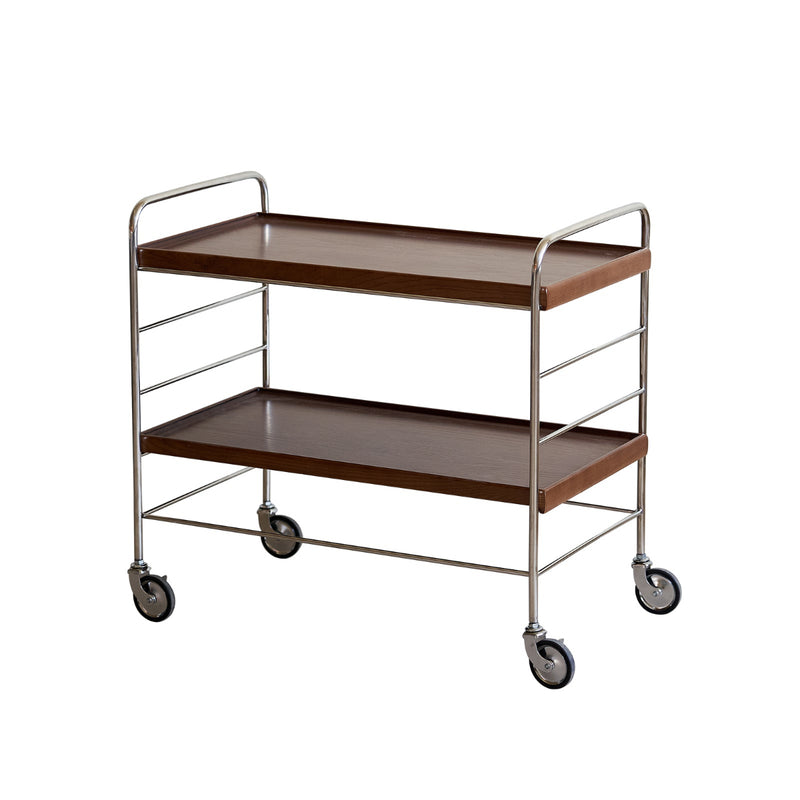 Two-tiered serving cart with wooden shelves and metal frame on a white background