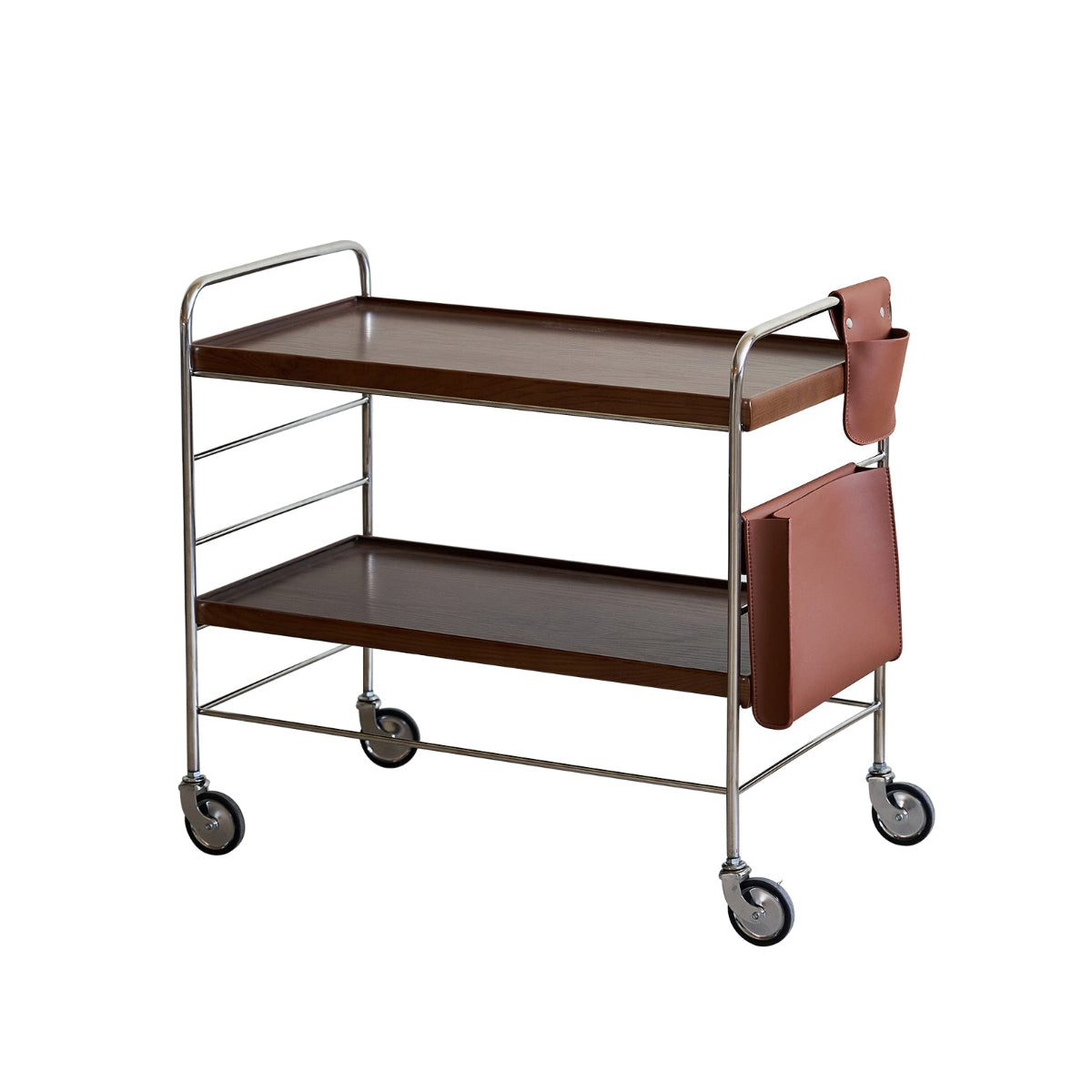 Two-tiered serving cart with a brown tray and leather magazine holder on a white background