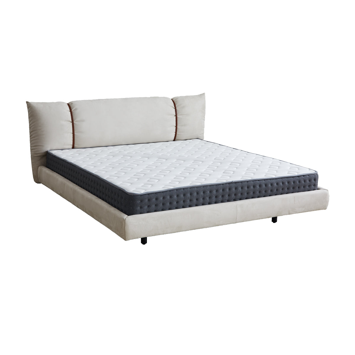 A beige upholstered bed frame with a headboard and footboard, designed to accommodate a queen-sized mattress.