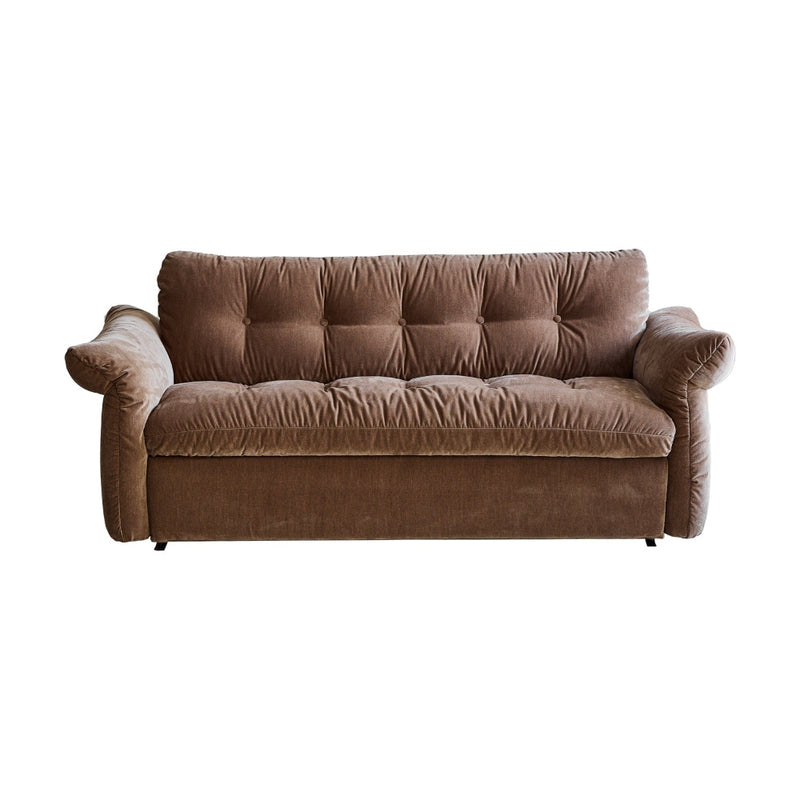 A brown Sofa with a plush texture, featuring a tufted backrest and armrests.