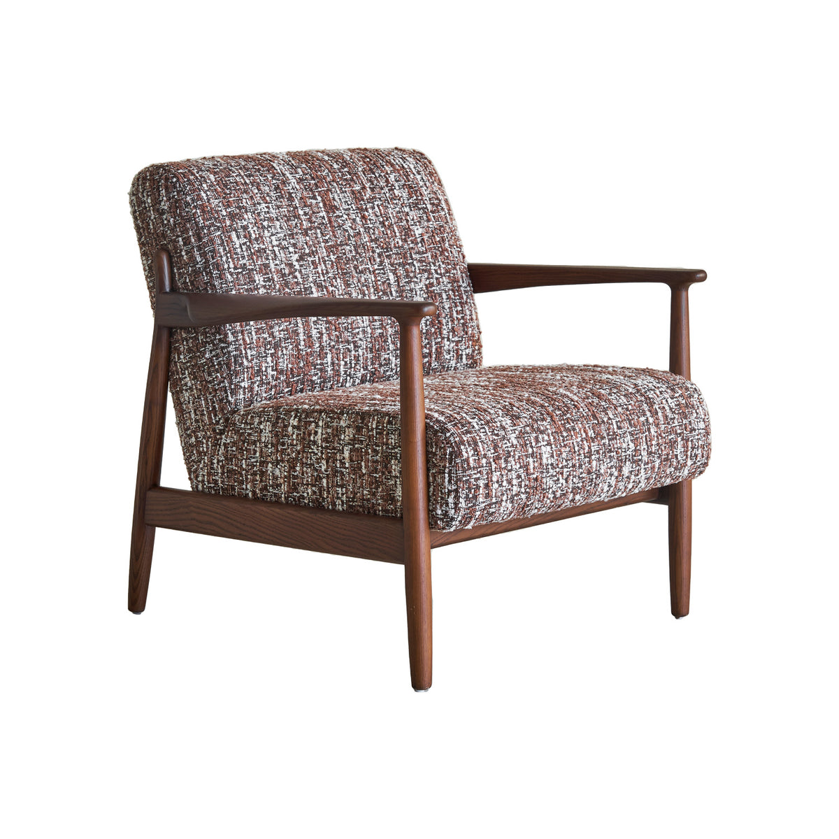A brown upholstered lounge chair with a patterned fabric and wooden frame.