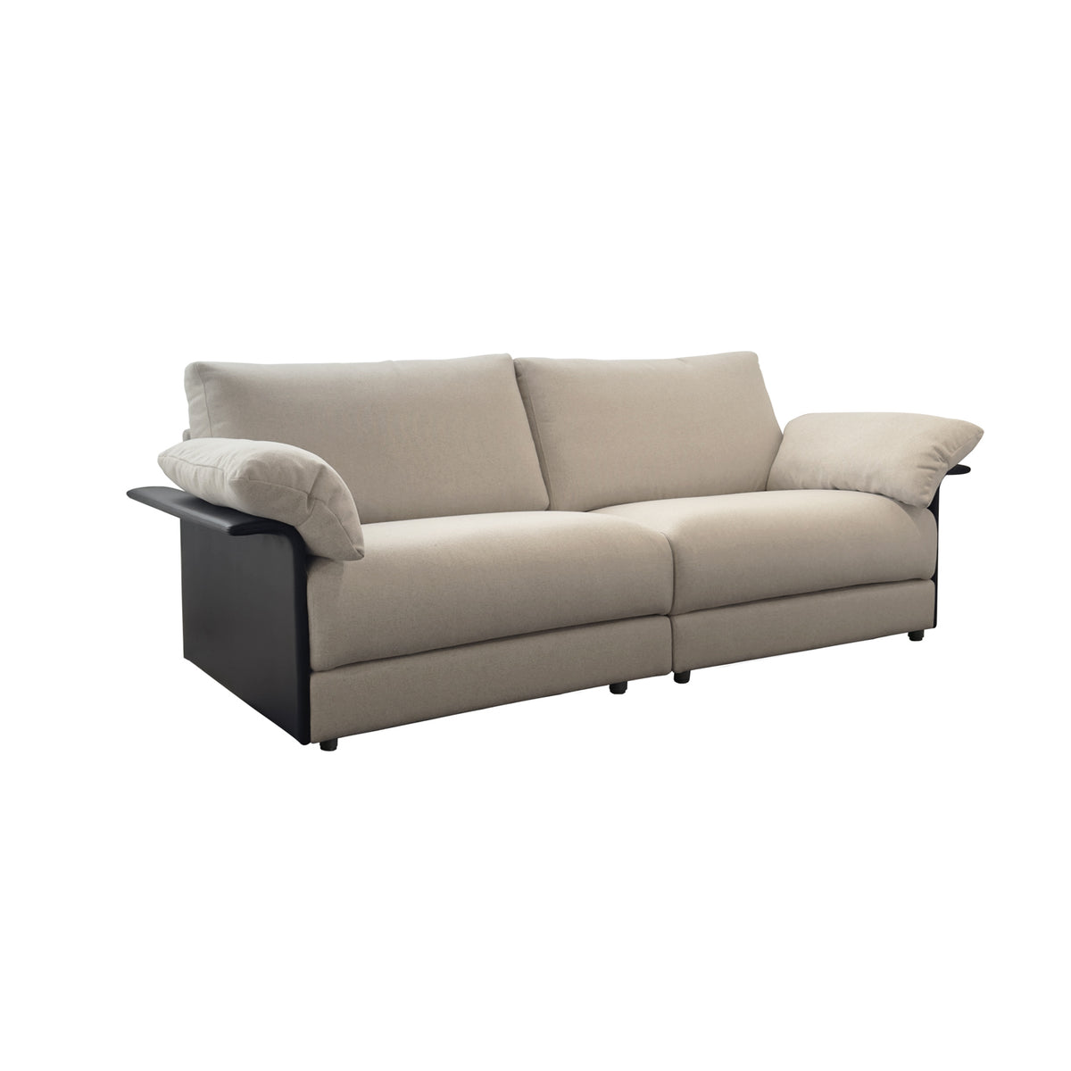 A beige modular sofa with a black frame and a minimalist design.