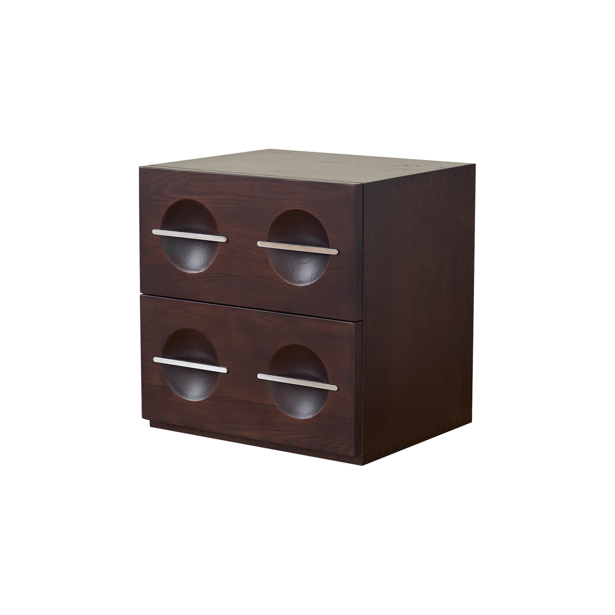 A coffee brown bedside table with multiple storage compartments, designed by grado.