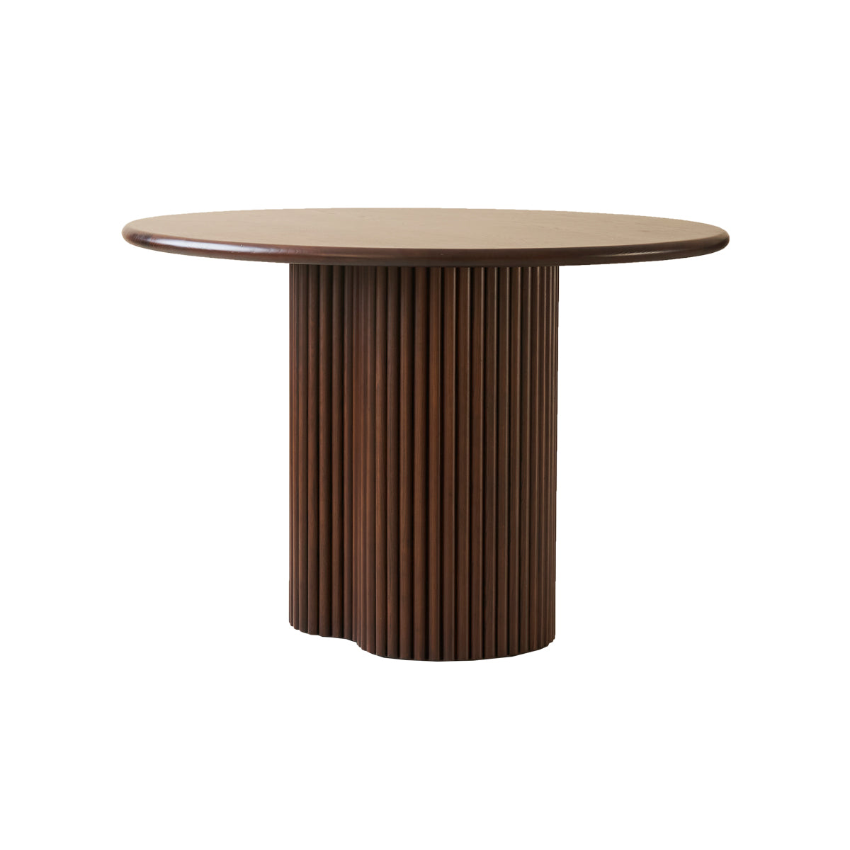 A round brown coffee table with a cylindrical base.