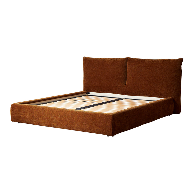 A brown upholstered Bed with a white mattress.