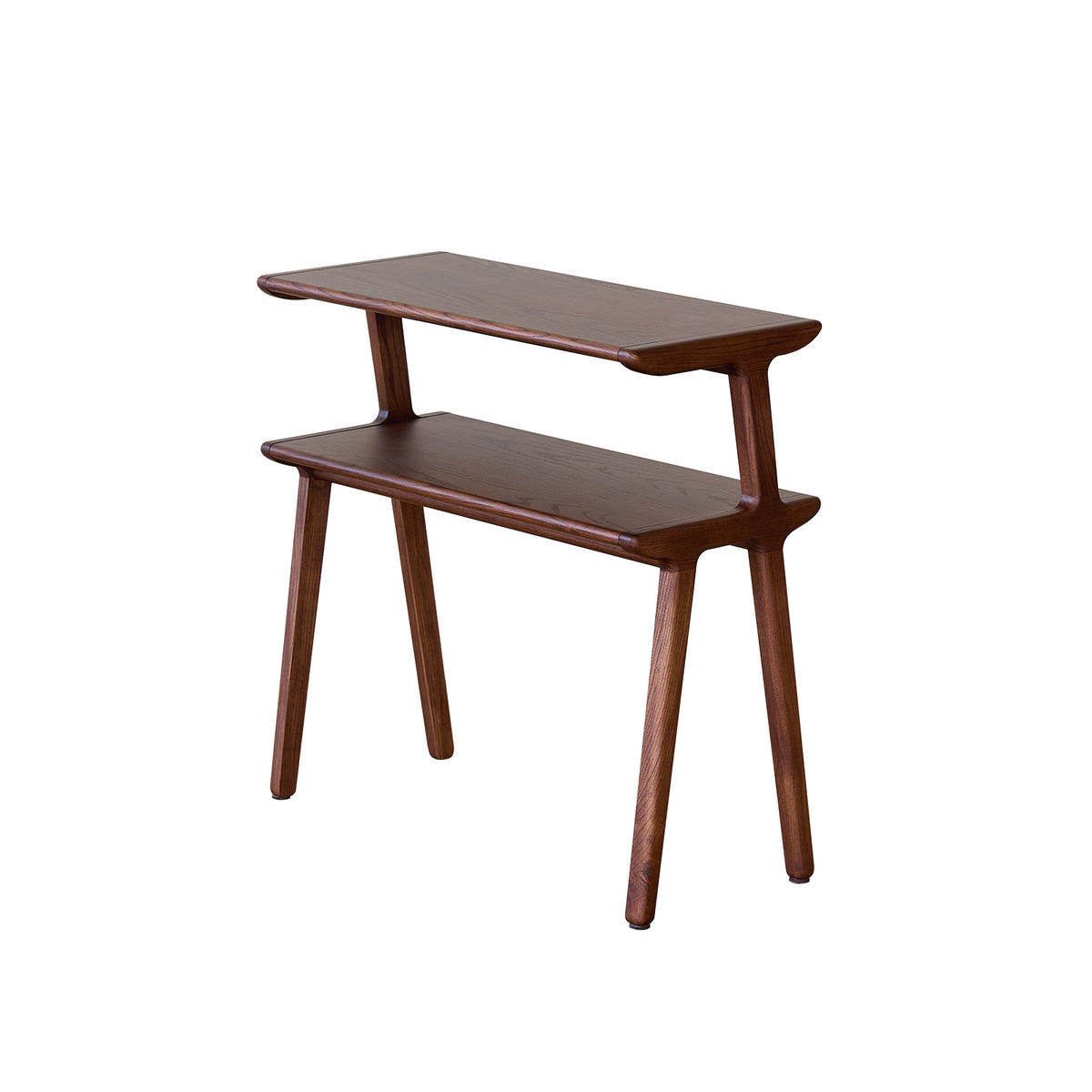 A brown wooden ladder shelf with a flat top and two rungs.