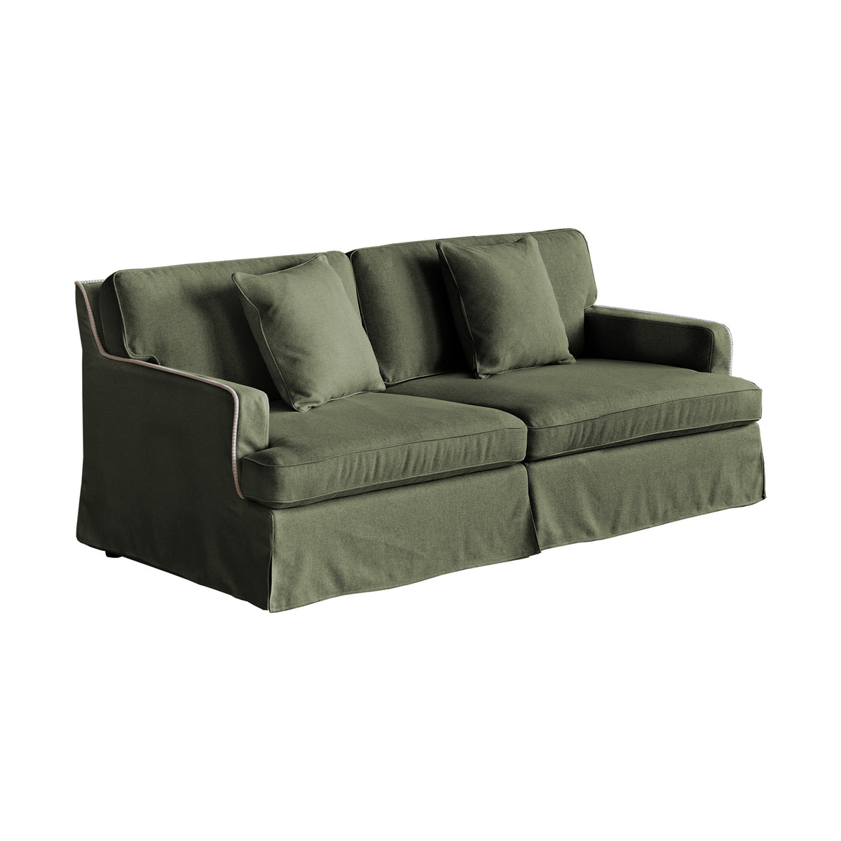 A green upholstered Souffle sofa with two additional cushions, designed with a simple, modern aesthetic.