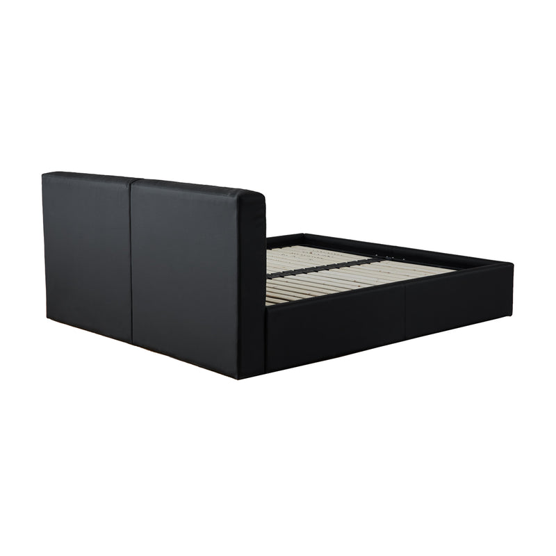 Black bed frame with a high headboard and storage space beneath, designed to accommodate a queen-sized mattress.
