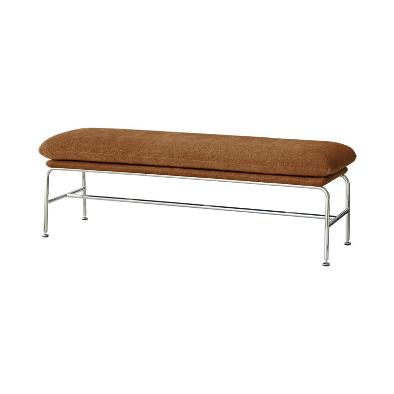 Brown upholstered bench with metal frame on a white background