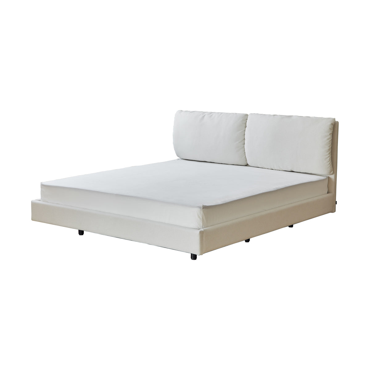 A white, double-sized bed frame with a headboard and footboard, upholstered in fabric.