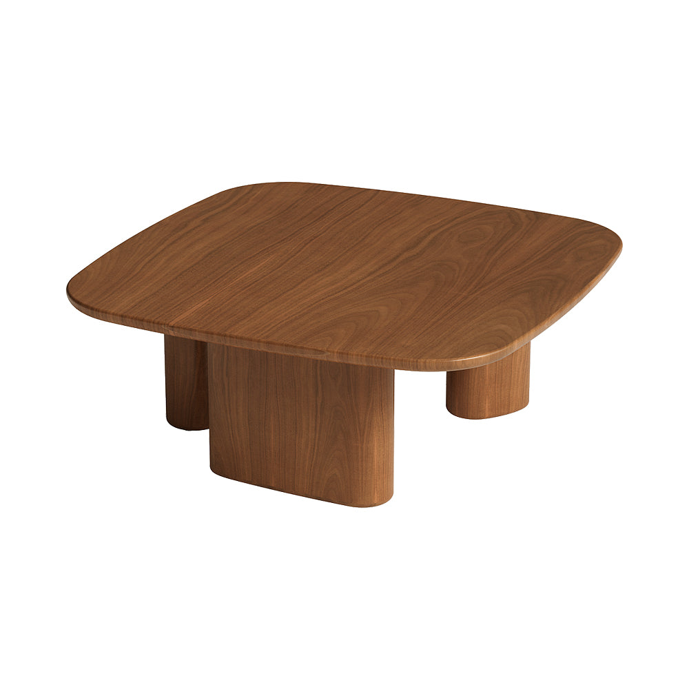A square walnut coffee table with a smooth finish and cylindrical supports.