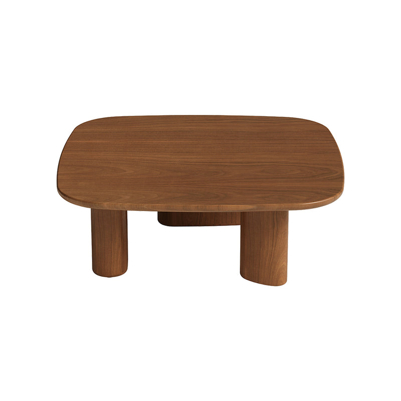 A square walnut coffee table with a smooth finish and cylindrical supports.