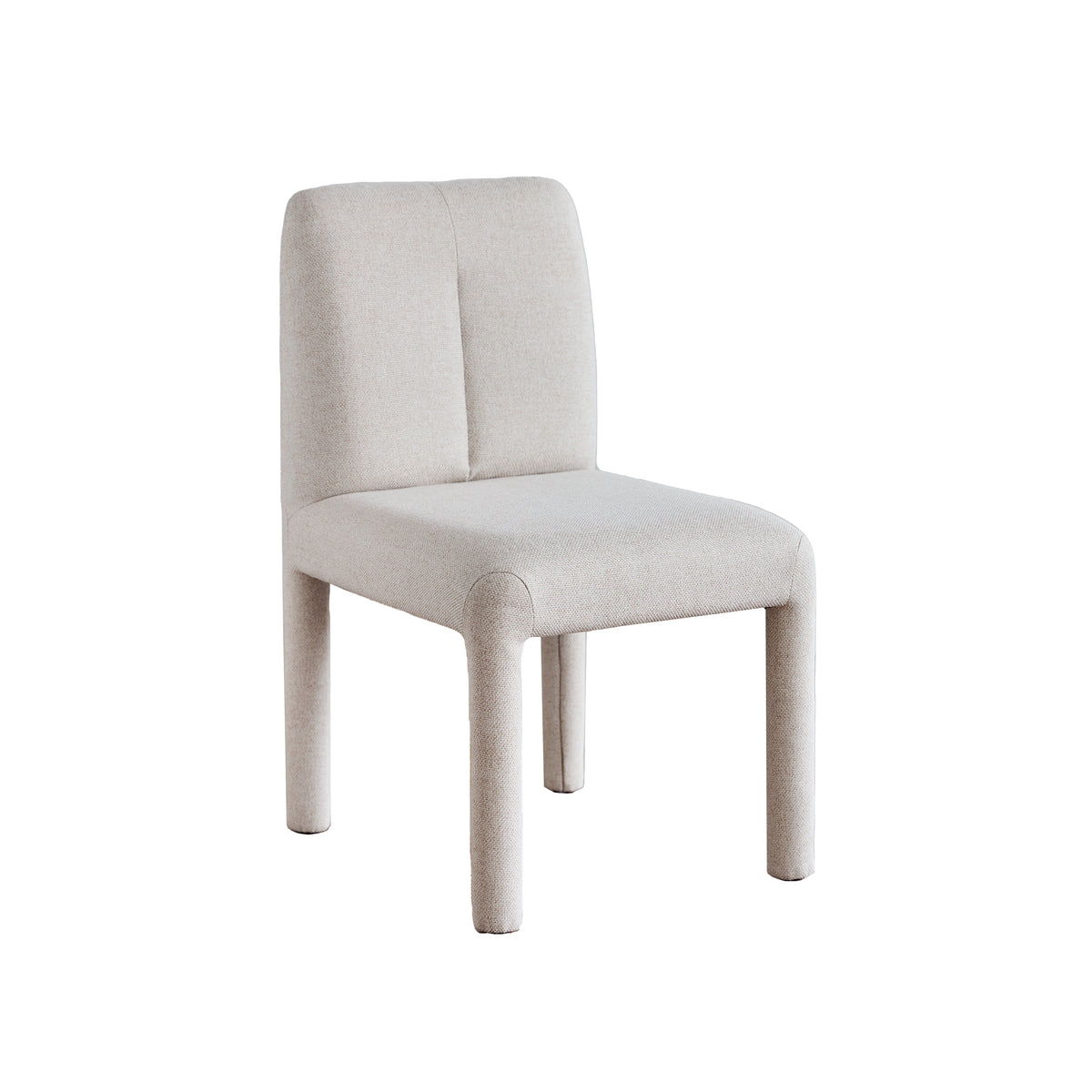 A beige upholstered dining chair with a full backrest and seat, featuring a slim profile.