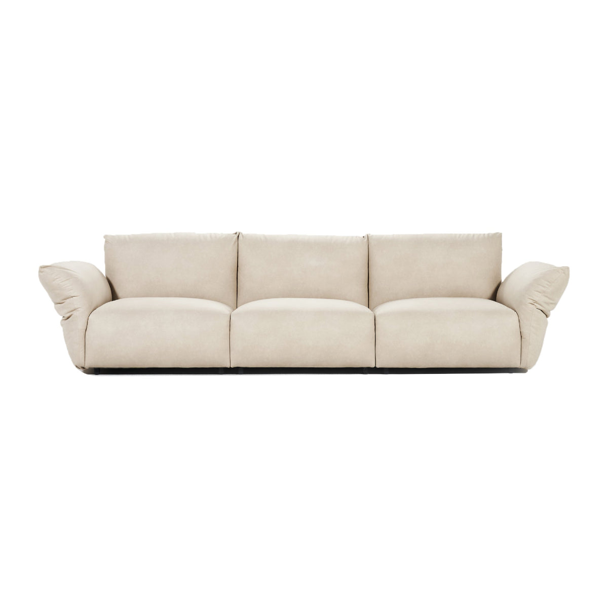 A beige 4-seater Puff Sofa with adjustable armrests, showcasing a minimalist style and made with high-quality upholstery.