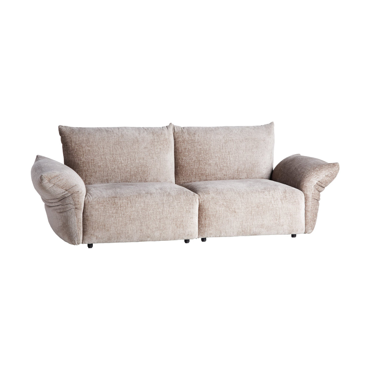 A 3-seater sofa with beige upholstery, featuring a minimalist style with fully extended armrests.