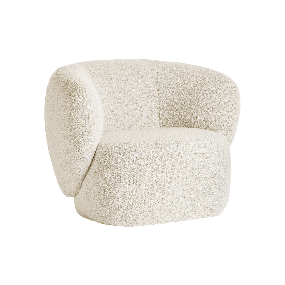 A beige one-seater sofa with a minimalistic design and textured fabric upholstery, with a compact and modern shape.