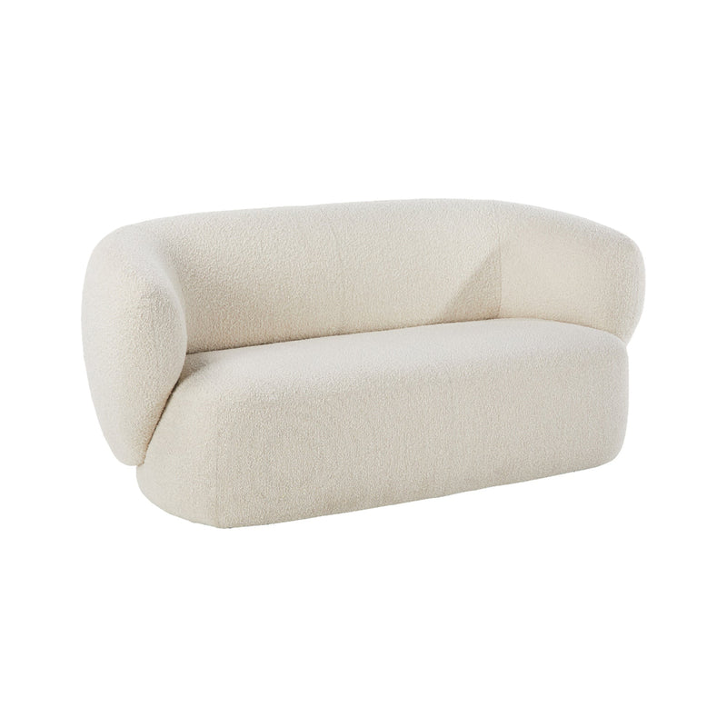 A beige sofa with a modern, minimalist design featuring a low back and wide seat, upholstered in a textured fabric.