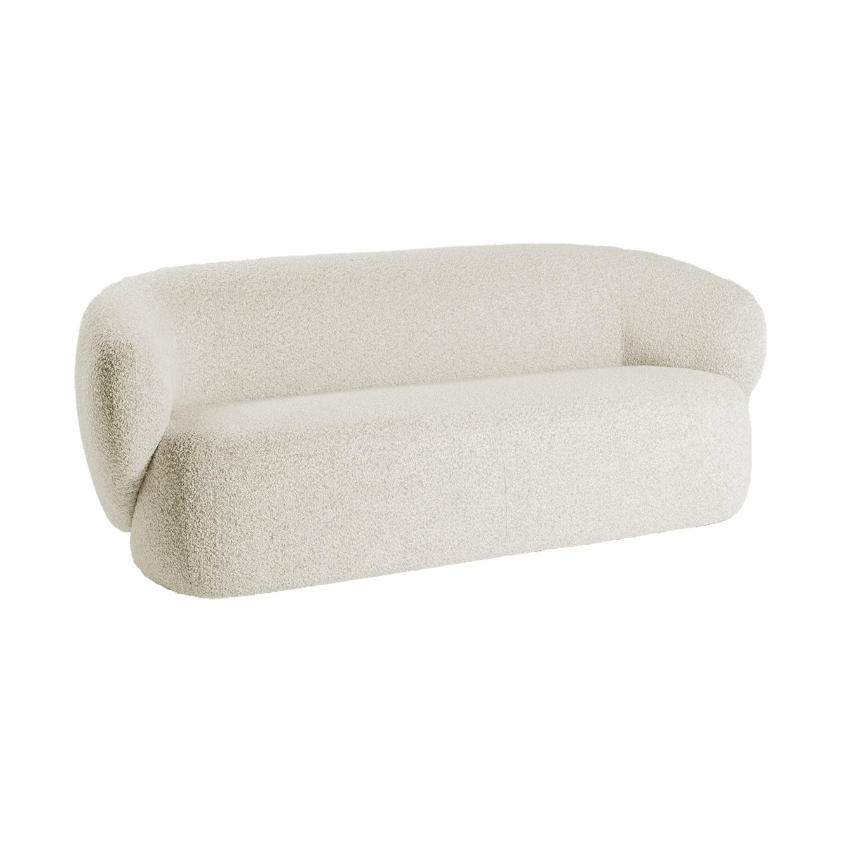 A beige sofa with a modern, minimalist design featuring a low back and wide seat, upholstered in a textured fabric.
