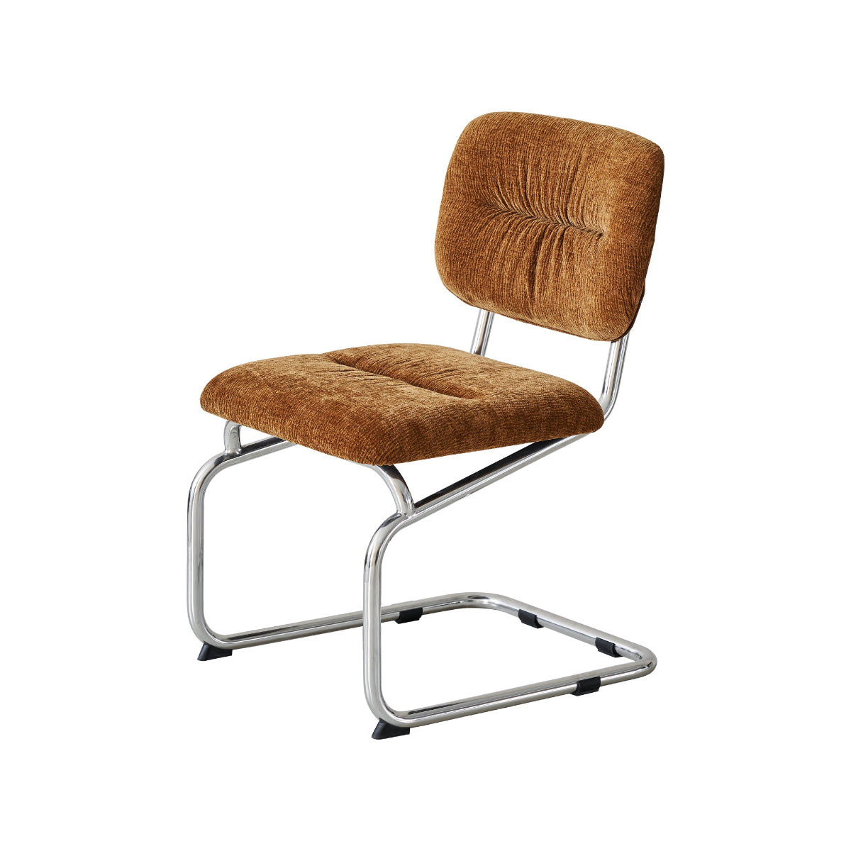 Brown upholstered chair with metal frame on a white background