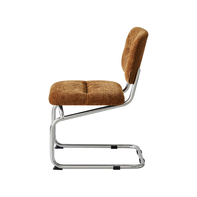 Brown upholstered chair with metal frame on a white background
