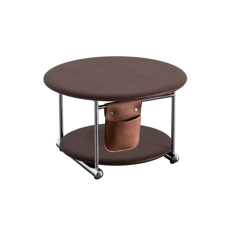 Round brown leather table with metal legs on a white background