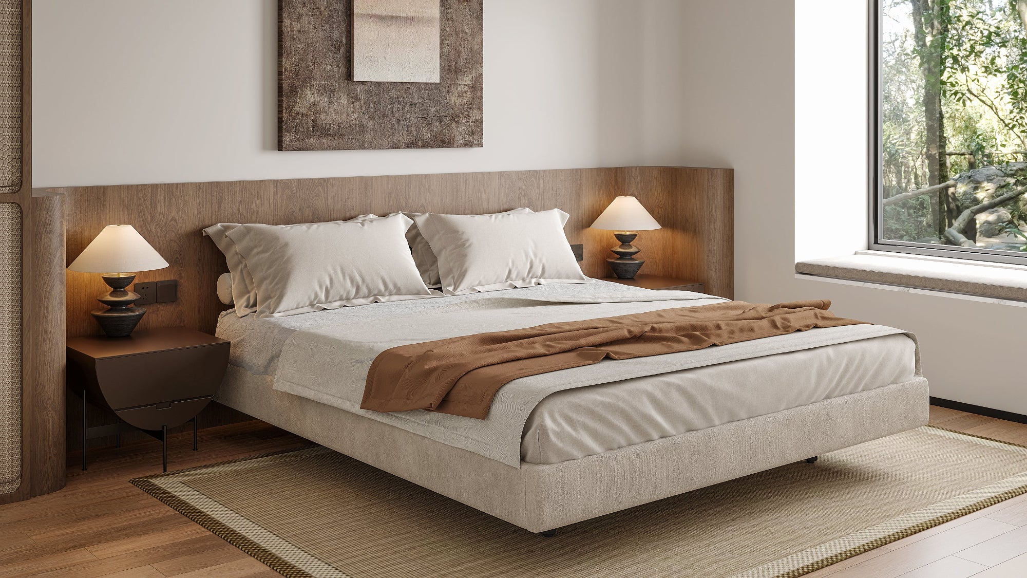 Modern bedroom with a large bed, nightstands, and lamps.