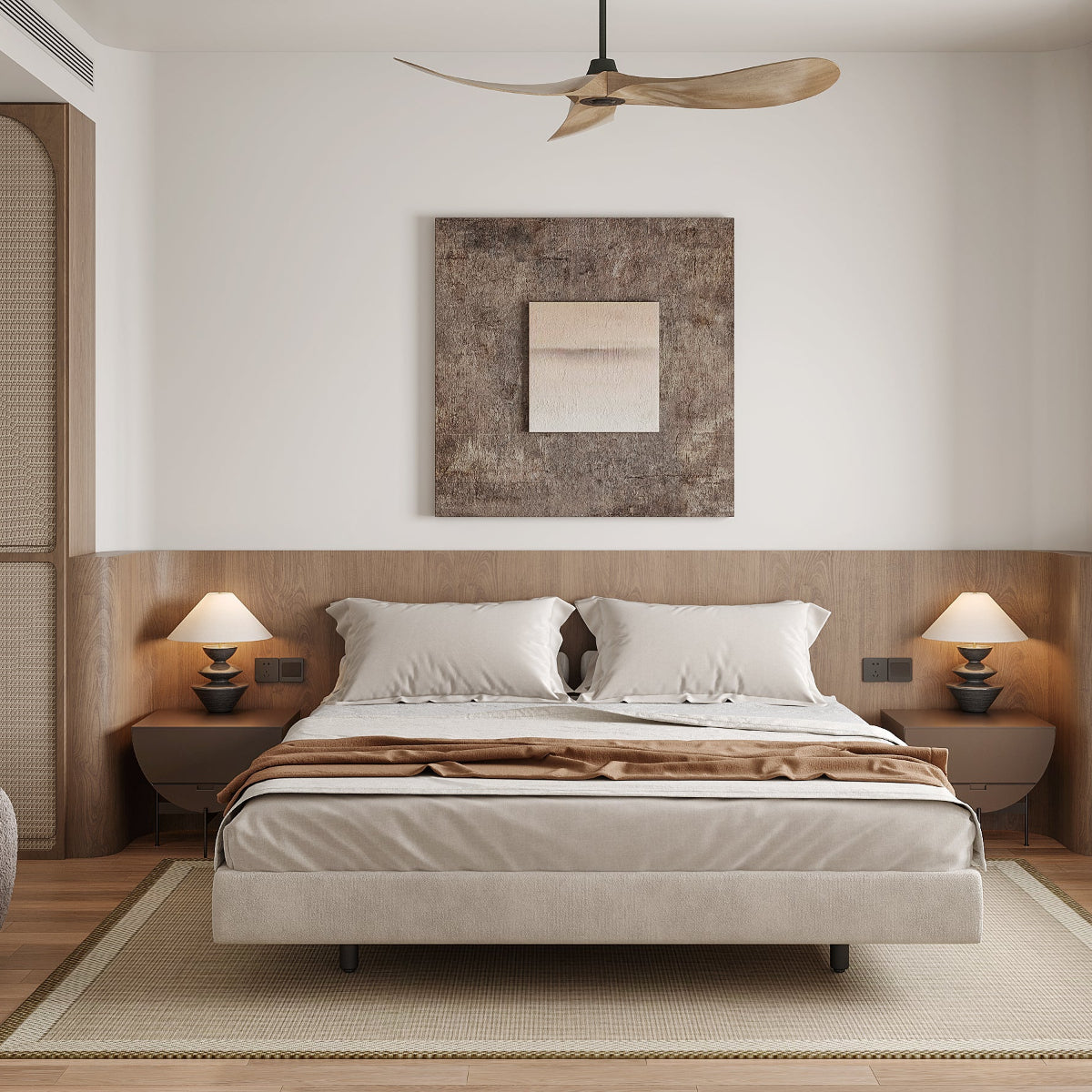 Modern bedroom with a bed, armchair, and large window.