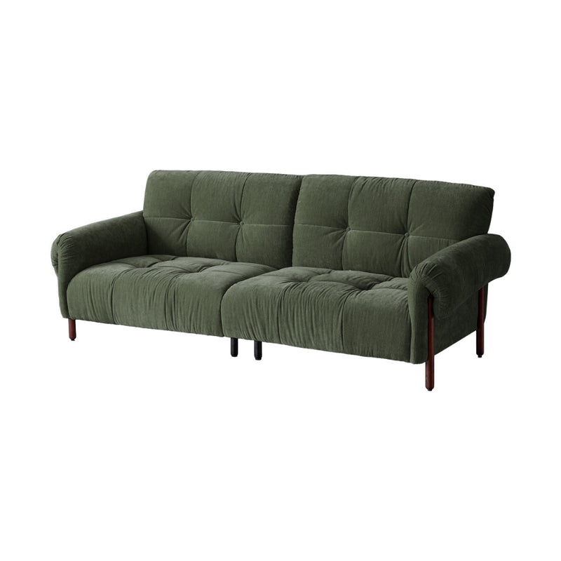 Green sofa with wooden legs on a white background