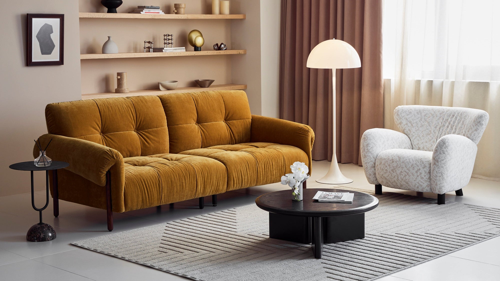Modern living room with a mustard yellow sofa, armchair, and coffee table.