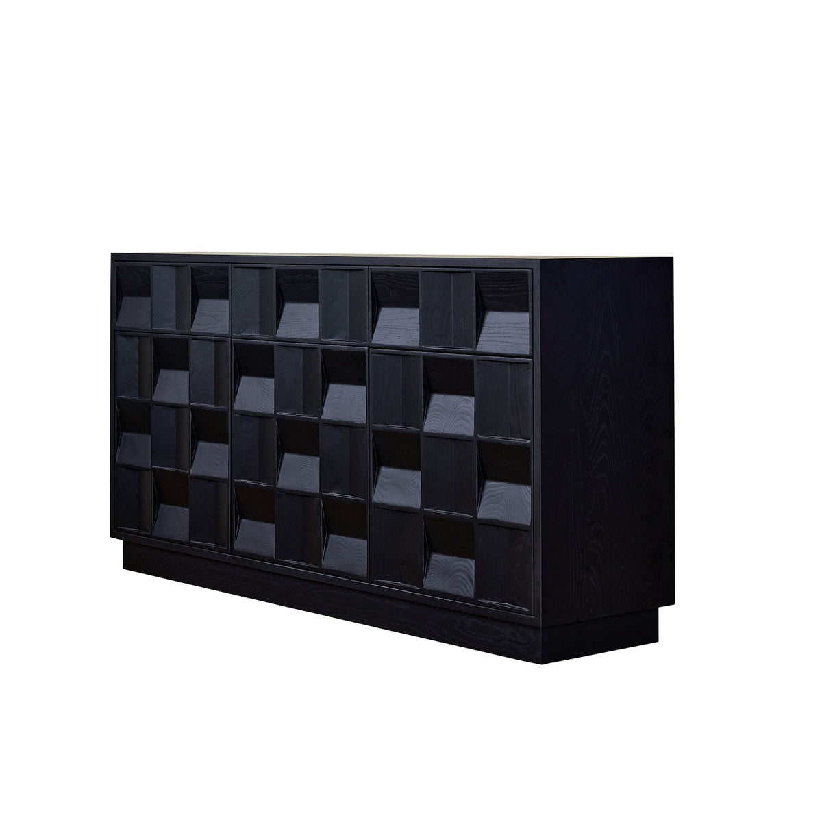 Black storage unit with geometric design on a white background