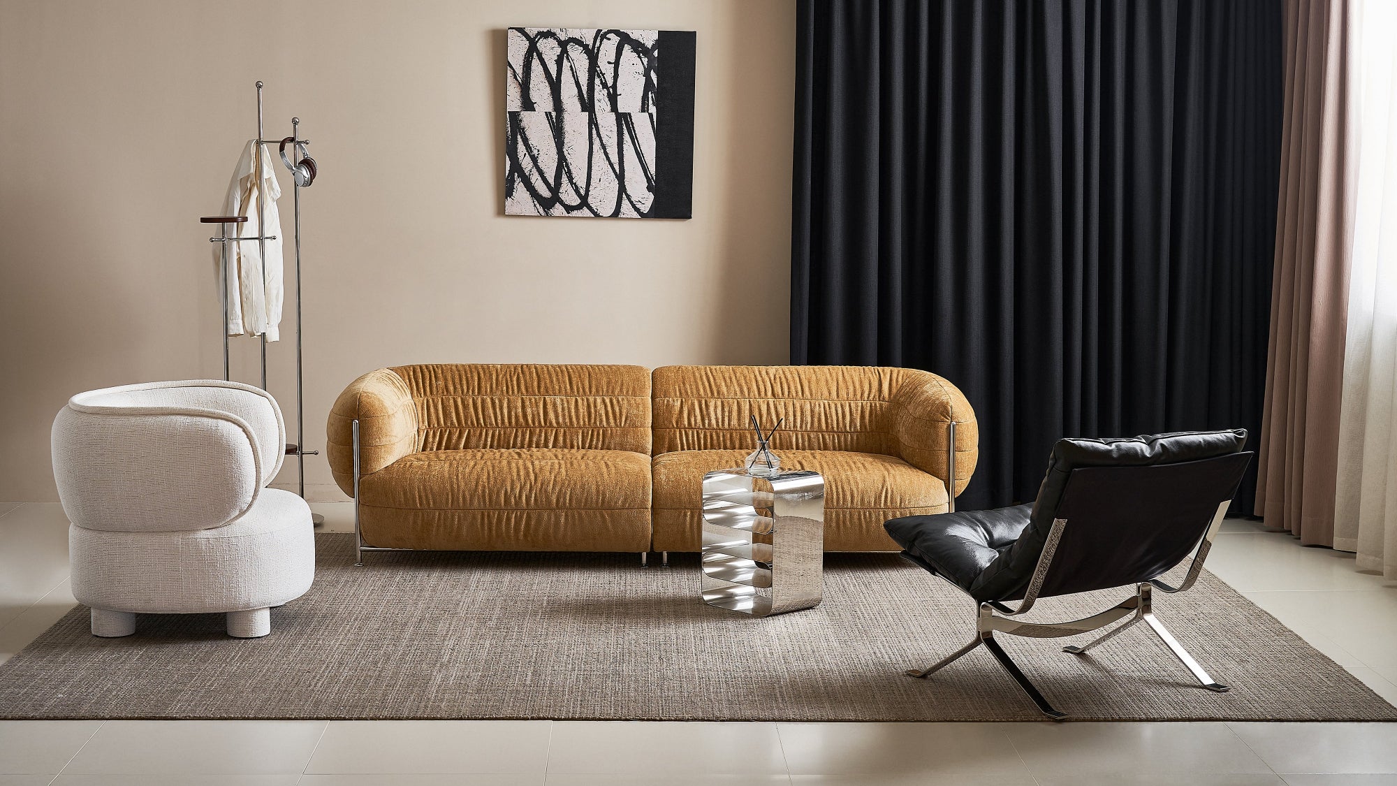 Modern living room with a yellow sofa, black chair, and abstract art on the wall.