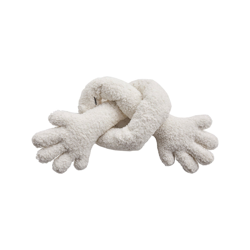 A beige, plush cushion designed to resemble a hugging figure with multiple arms extended