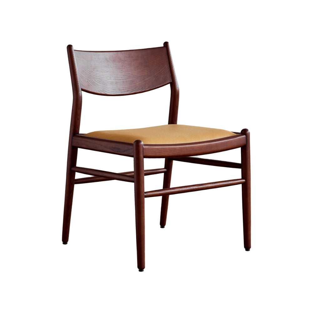 Wooden chair with cushioned seat on white background