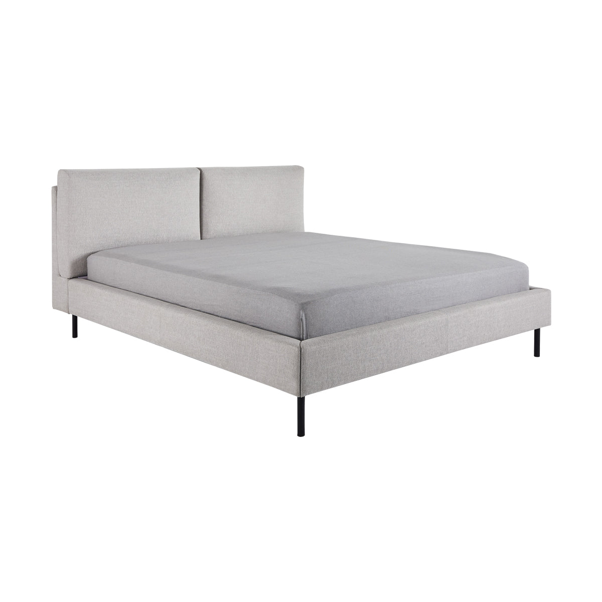 Gray upholstered bed with metal legs on a white background