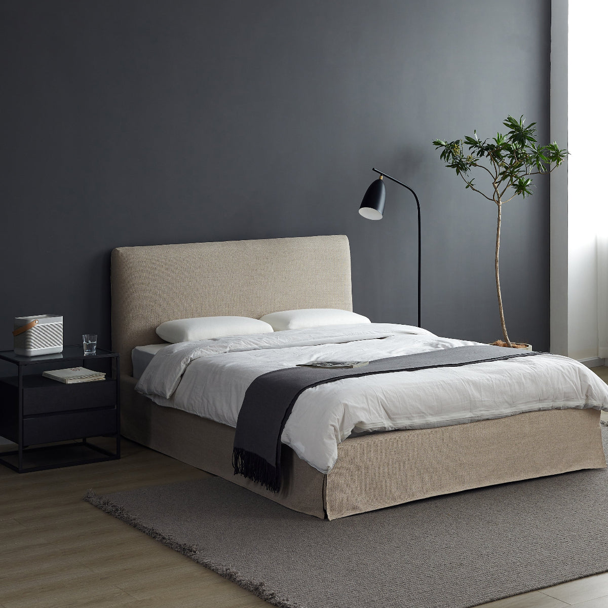 Modern bedroom with a bed, nightstands, and a plant against a dark gray wall.