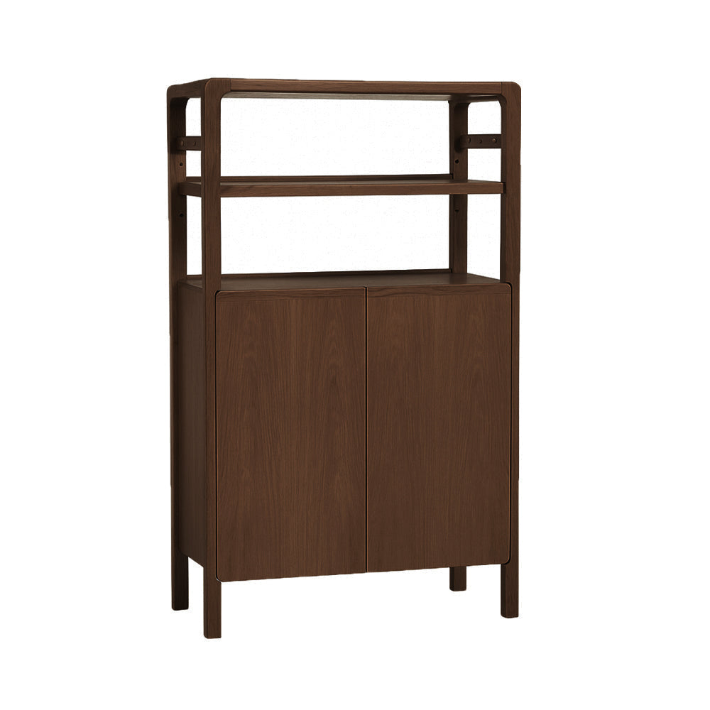 Wooden cabinet with open top section on a white background